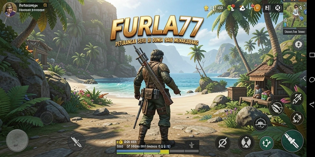 Screenshot menunjukkan pemain menjelajahi dunia indah FURLA77 dalam sebuah petualangan.