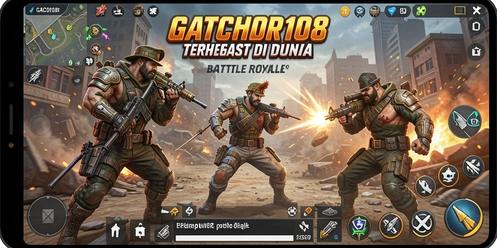 Tangkapan layar GACOR108 menampilkan momen mendebarkan dalam pertempuran Battle Royale.