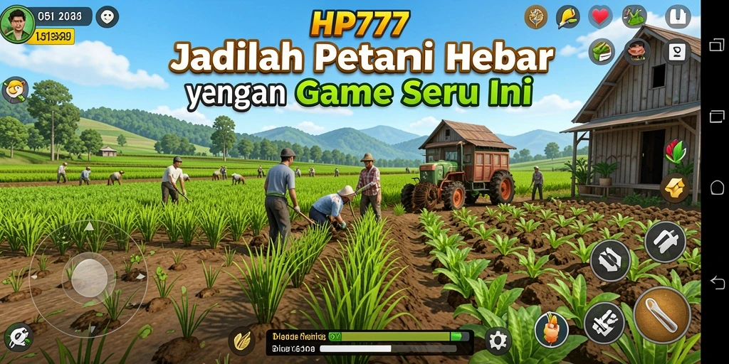 Screenshot gameplay HP777 menampilkan petani yang sedang memanen tanaman.
