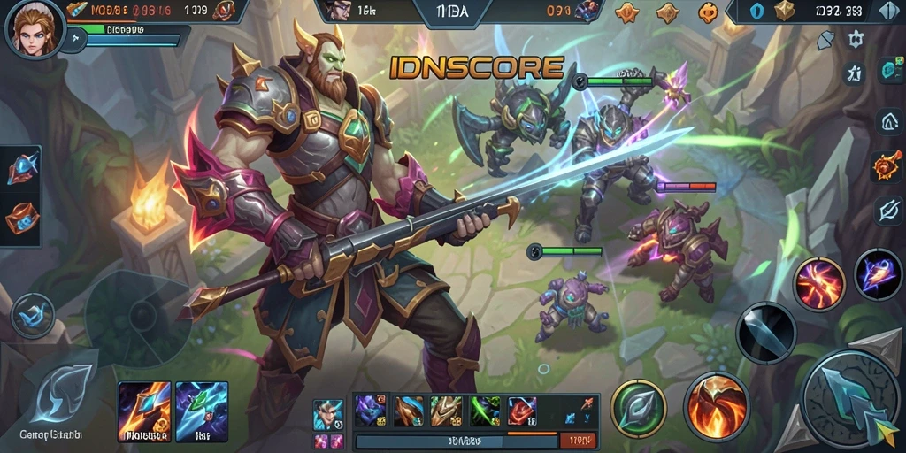 Tampilan gameplay seru dari IDNSCORE dengan aksi MOBA yang mendebarkan.