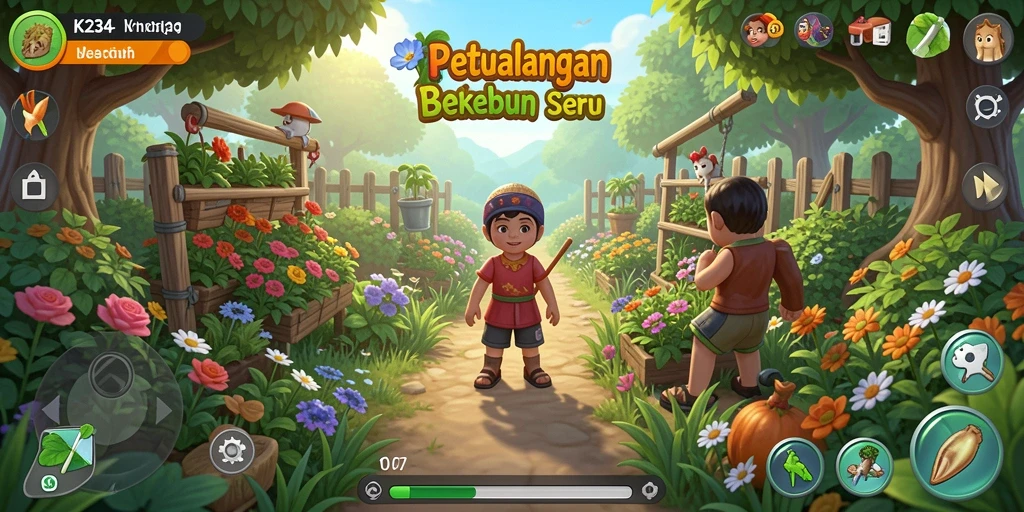 Tangkapan layar utama K234 menampilkan gameplay dengan kebun yang rimbun dan berbagai tanaman.