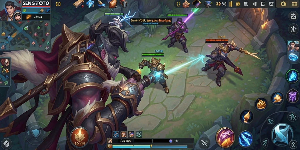 Screenshot gameplay SENGTOTO menampilkan aksi seru dalam pertempuran MOBA.