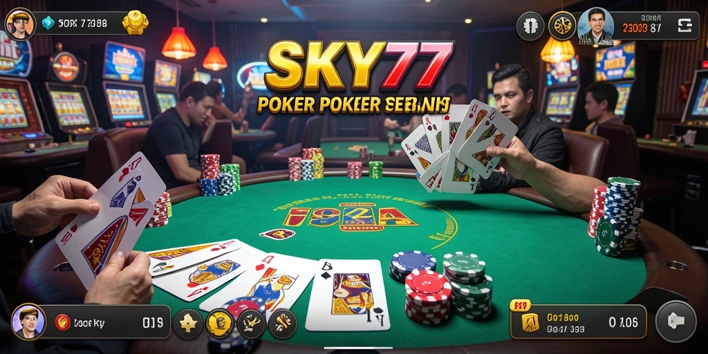 Tampilan utama gameplay Poker di SKY77 dengan suasana kompetitif.